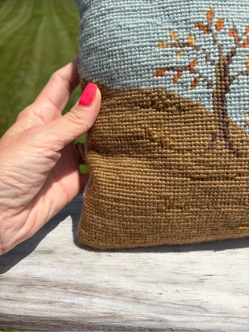 Vintage Needlepoint Pillow House Landscape Decorative Small Velvet Cottagecore